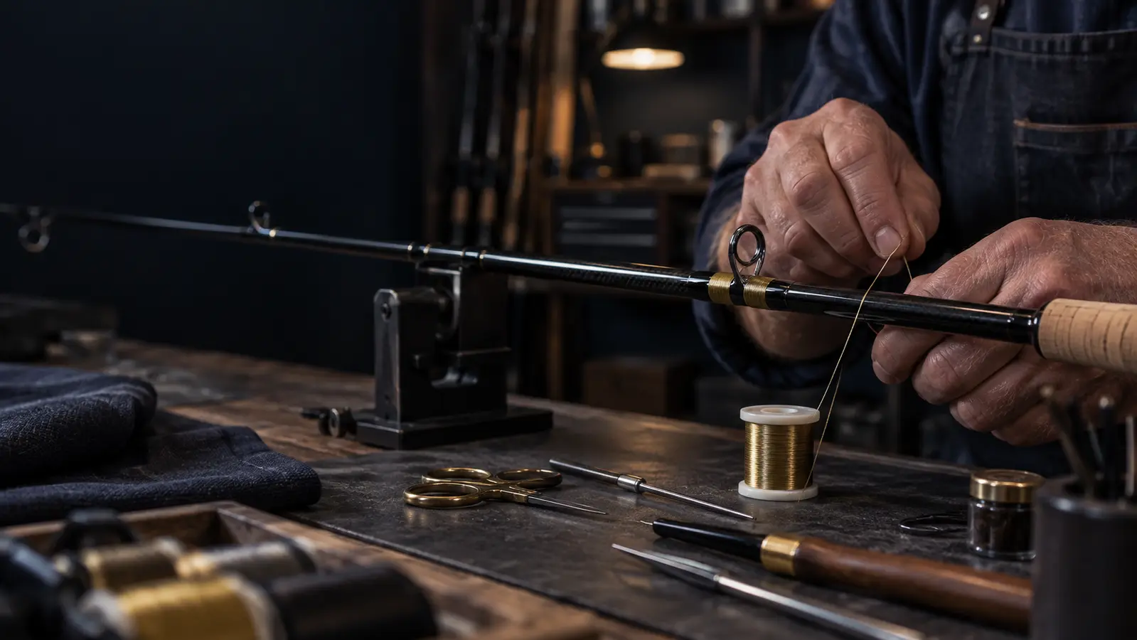 Rod builder wrapping a guide onto a carbon fishing rod in the workshop